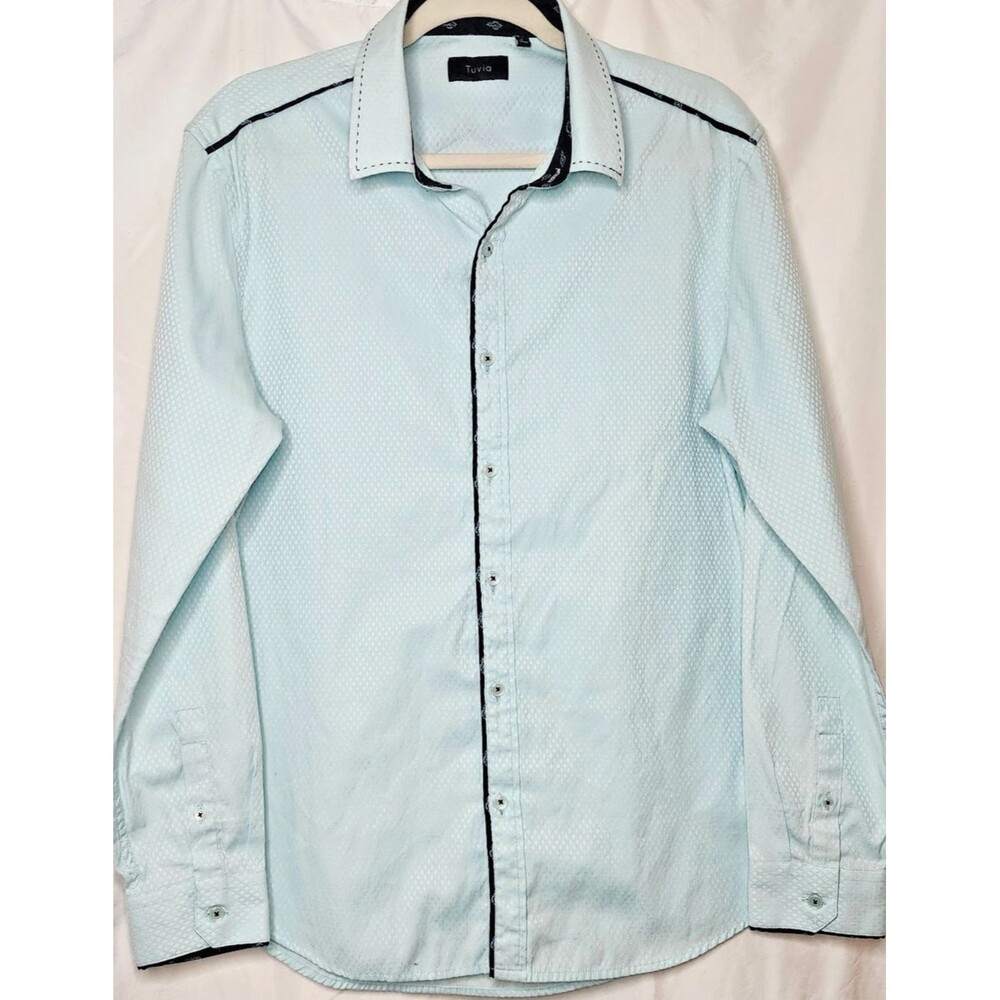 Western Detail Mens Dress Shirt L 18 Neck Mint Green Spread Collar Sheen EUC